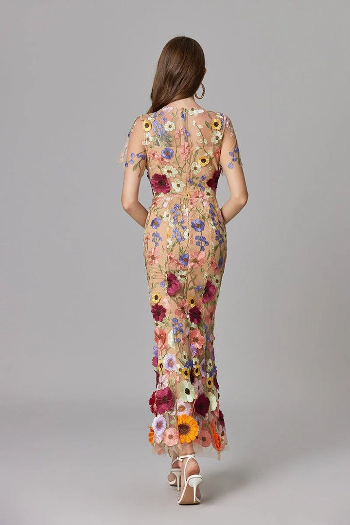 Dames Mouwloze 3D Bloemen Mesh Maxi Jurk