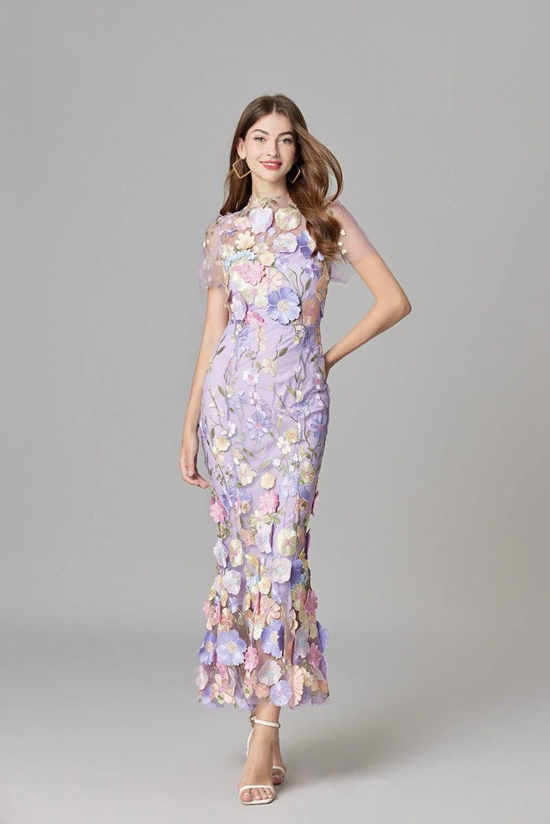 Dames Mouwloze 3D Bloemen Mesh Maxi Jurk