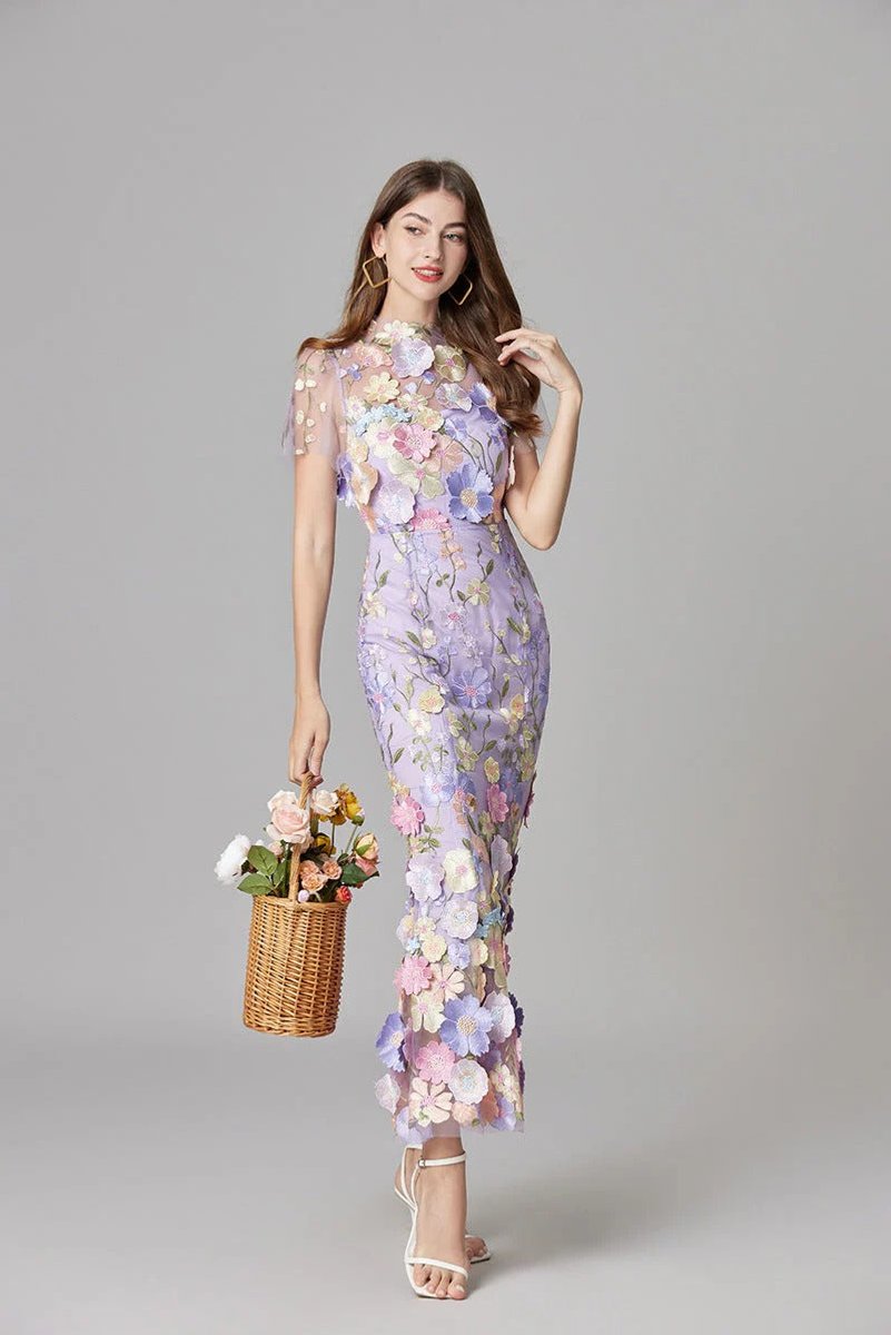 Dames Mouwloze 3D Bloemen Mesh Maxi Jurk