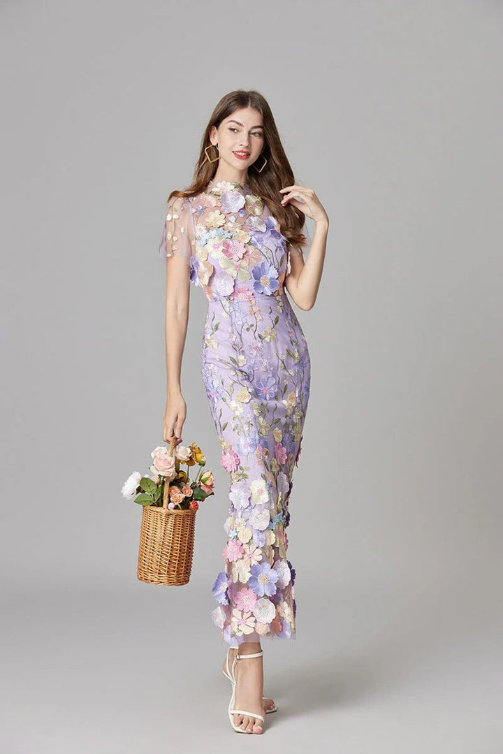 Dames Mouwloze 3D Bloemen Mesh Maxi Jurk