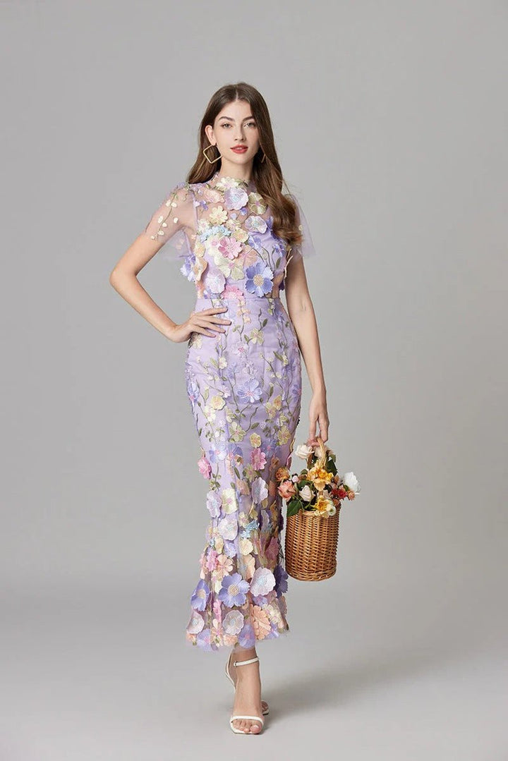 Dames Mouwloze 3D Bloemen Mesh Maxi Jurk