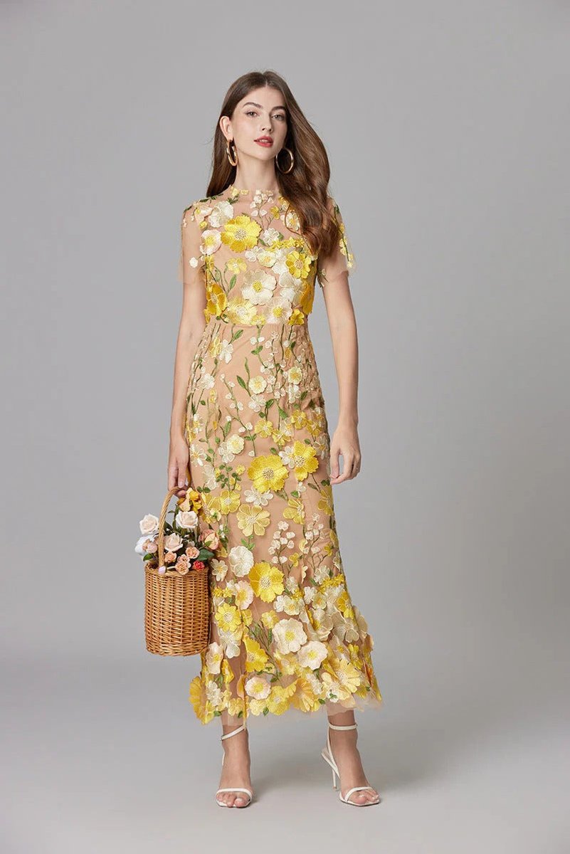Dames Mouwloze 3D Bloemen Mesh Maxi Jurk