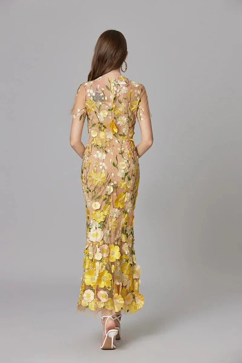 Dames Mouwloze 3D Bloemen Mesh Maxi Jurk