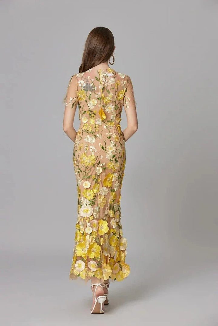 Dames Mouwloze 3D Bloemen Mesh Maxi Jurk