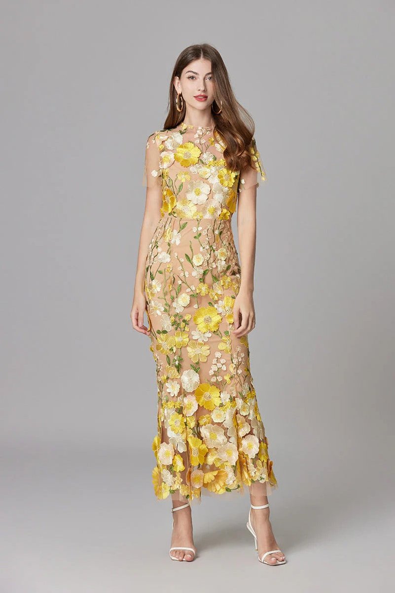 Dames Mouwloze 3D Bloemen Mesh Maxi Jurk