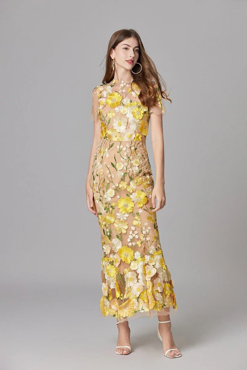 Dames Mouwloze 3D Bloemen Mesh Maxi Jurk