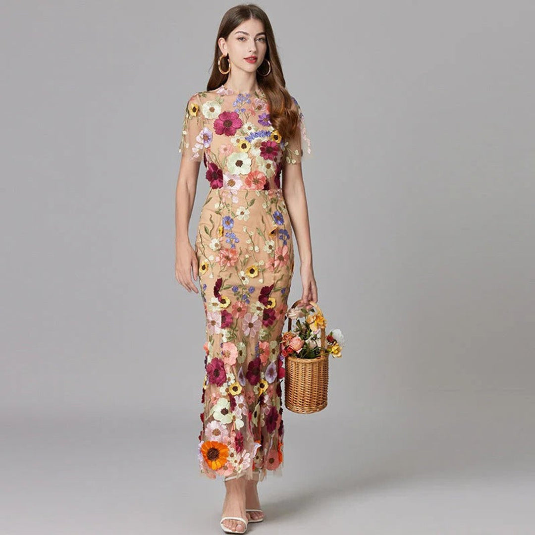 Dames Mouwloze 3D Bloemen Mesh Maxi Jurk - Beige