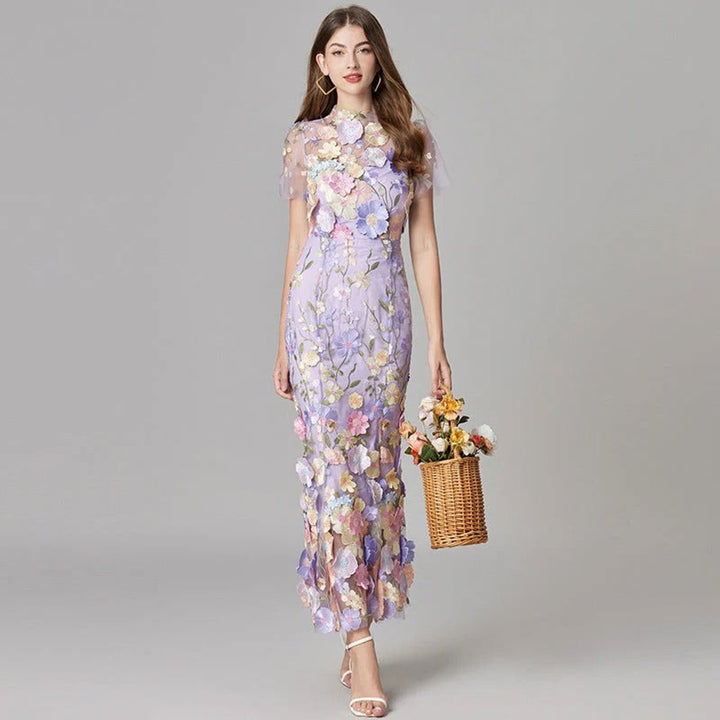 Dames Mouwloze 3D Bloemen Mesh Maxi Jurk - Purple