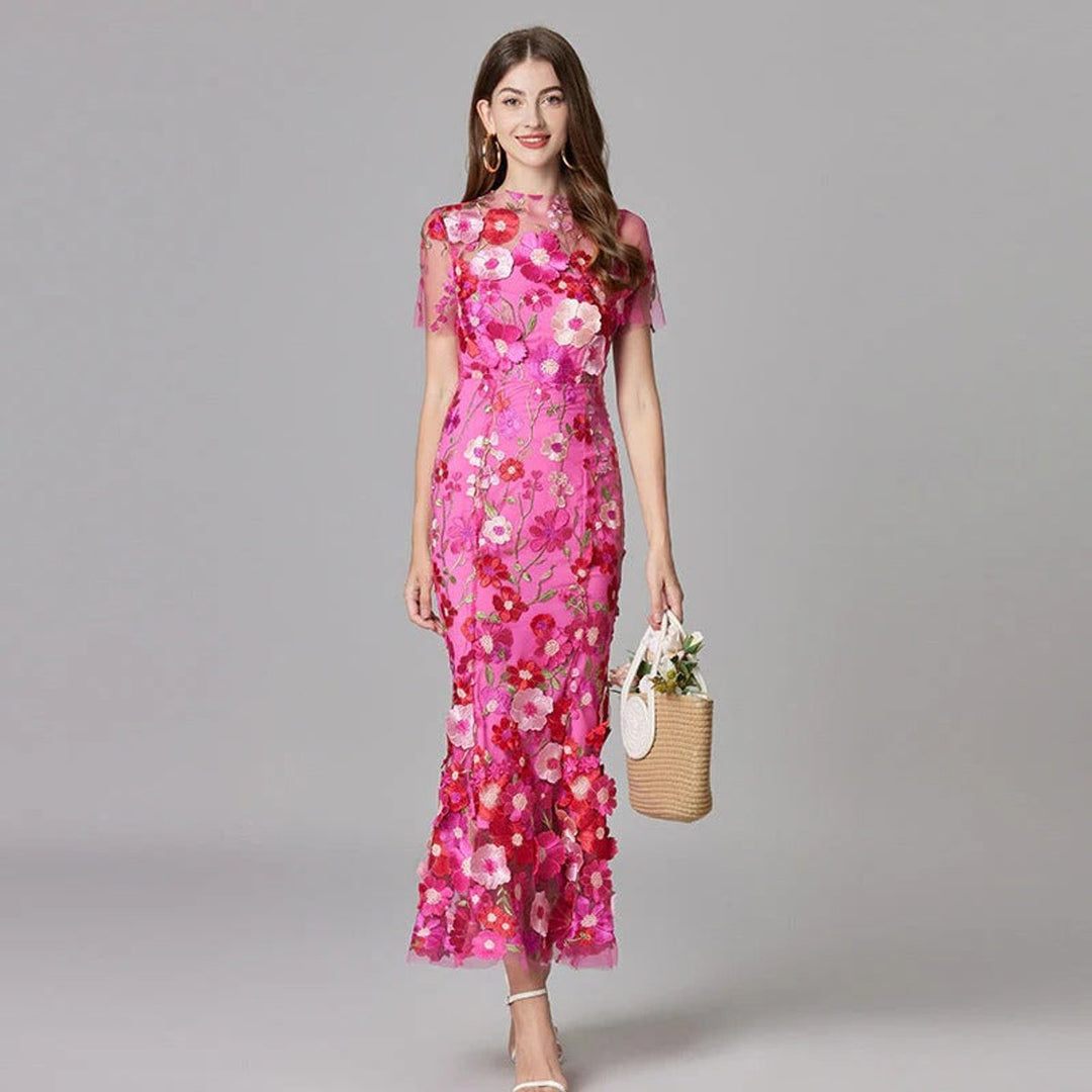 Dames Mouwloze 3D Bloemen Mesh Maxi Jurk - Dark Pink