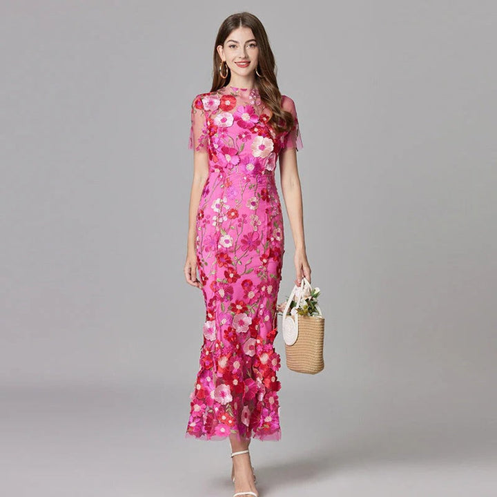 Dames Mouwloze 3D Bloemen Mesh Maxi Jurk - Dark Pink