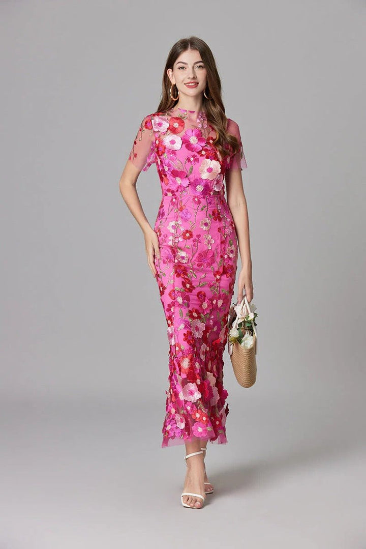 Dames Mouwloze 3D Bloemen Mesh Maxi Jurk
