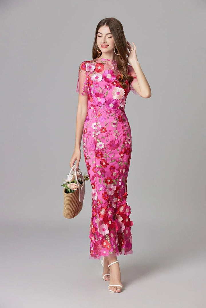 Dames Mouwloze 3D Bloemen Mesh Maxi Jurk