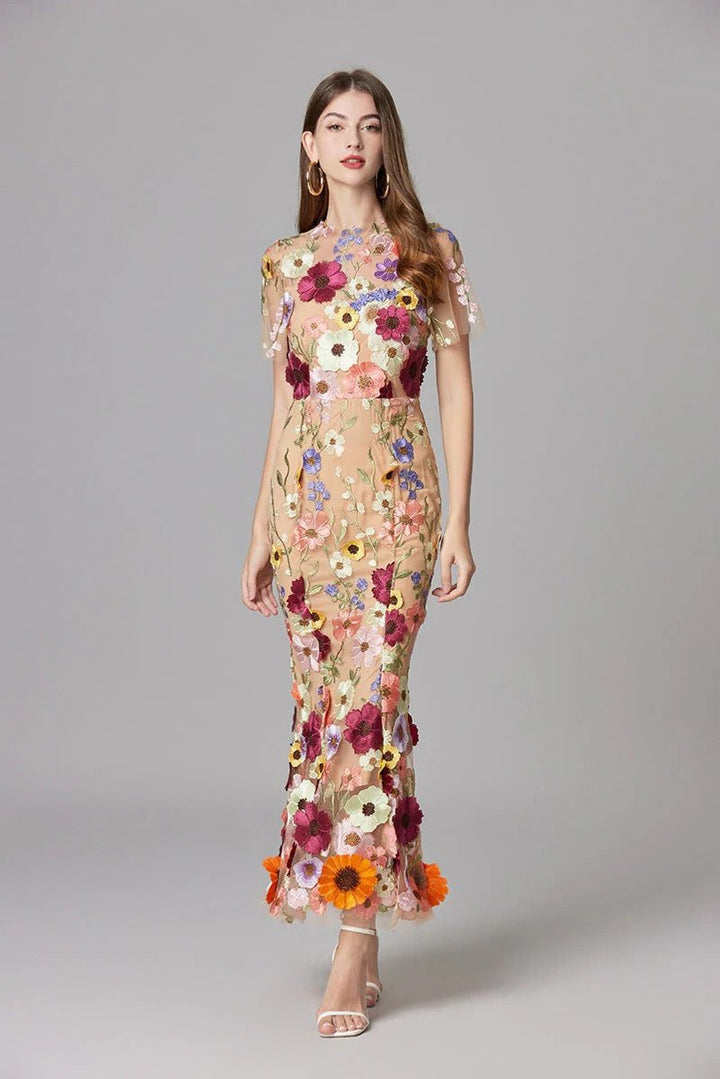 Dames Mouwloze 3D Bloemen Mesh Maxi Jurk