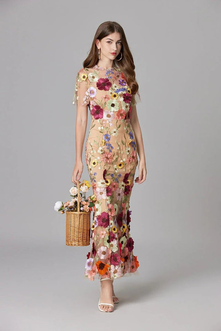 Dames Mouwloze 3D Bloemen Mesh Maxi Jurk