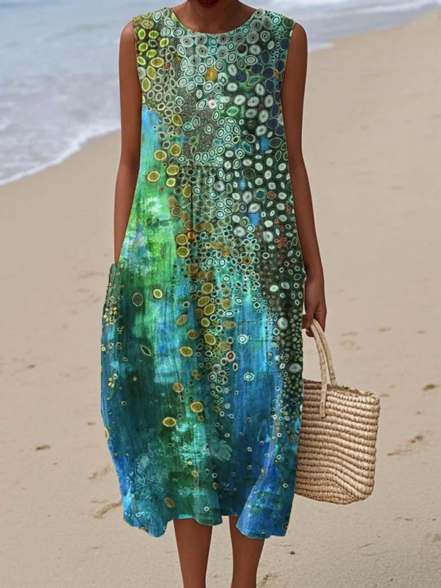 Dames Mouwloze Artistieke Print Midi Dress Strandjurk