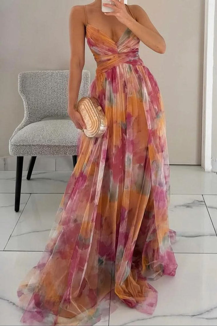 Dames Mouwloze Bloemen Maxi Cocktail Dress Spaghettibandje - Orange