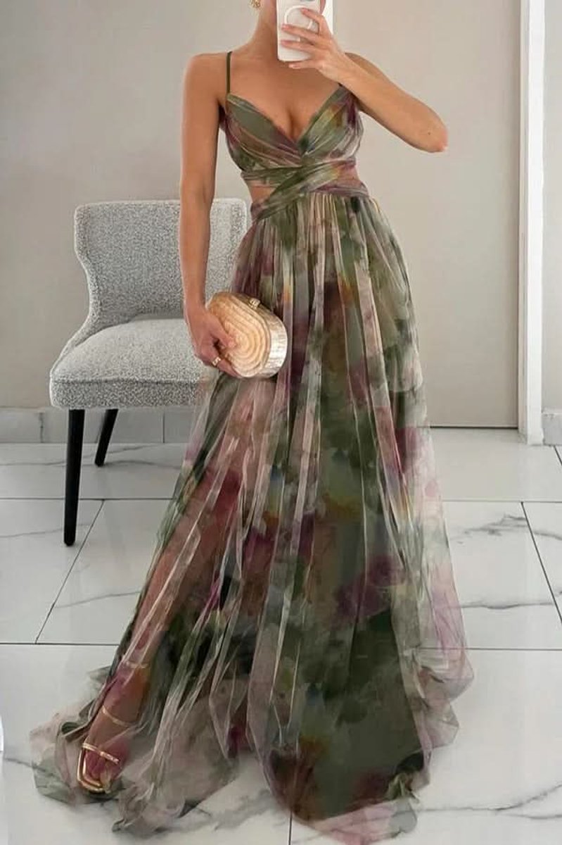 Dames Mouwloze Bloemen Maxi Cocktail Dress Spaghettibandje - Green