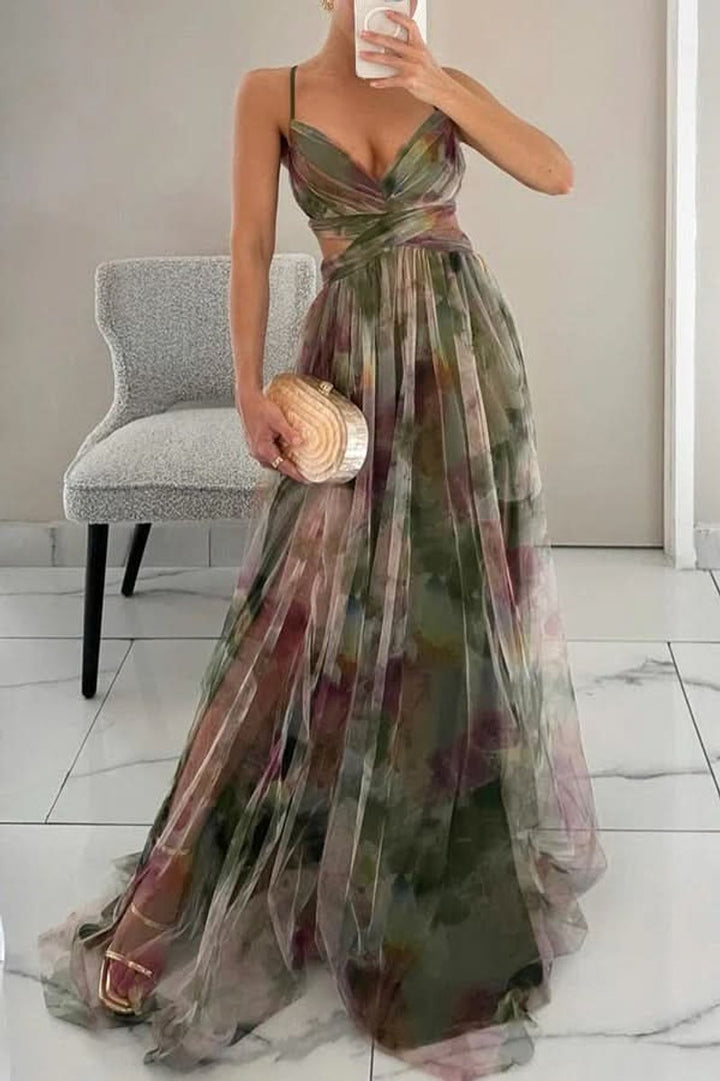 Dames Mouwloze Bloemen Maxi Cocktail Dress Spaghettibandje - Green