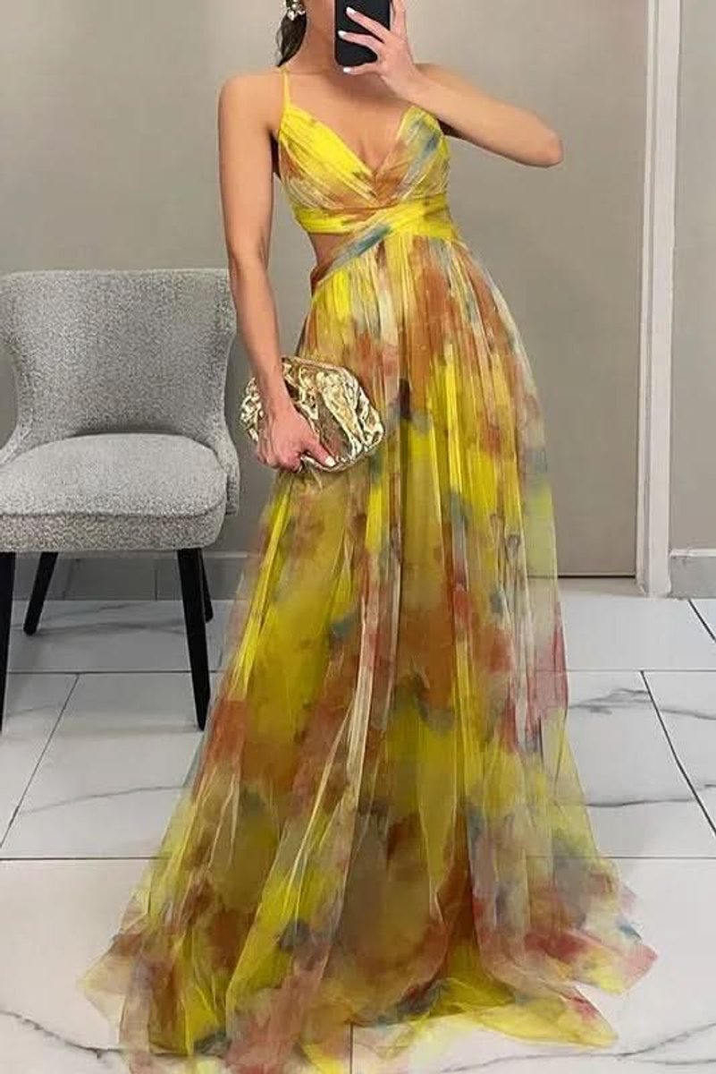 Dames Mouwloze Bloemen Maxi Cocktail Dress Spaghettibandje - Yellow