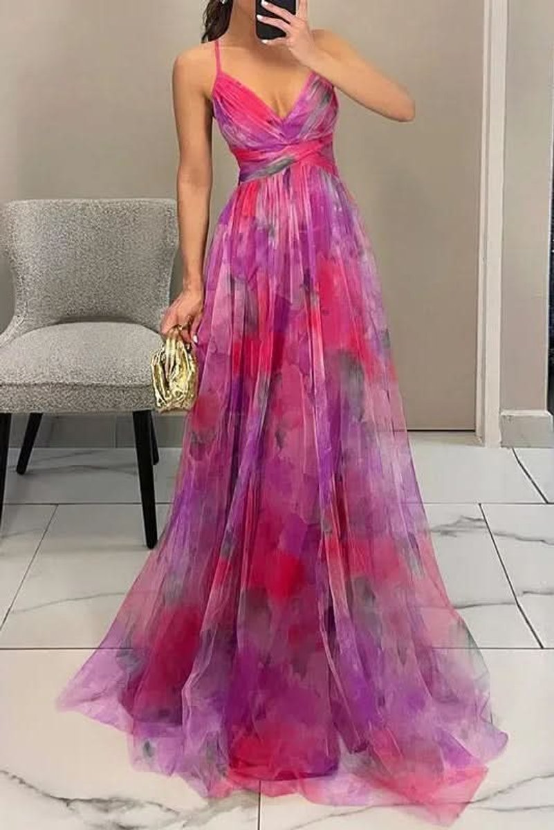 Dames Mouwloze Bloemen Maxi Cocktail Dress Spaghettibandje - Pink