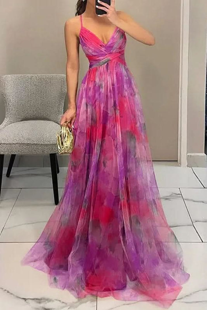 Dames Mouwloze Bloemen Maxi Cocktail Dress Spaghettibandje - Pink