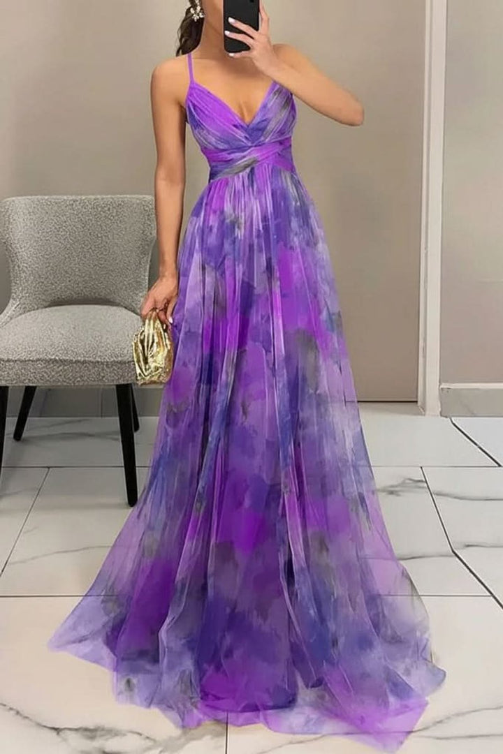 Dames Mouwloze Bloemen Maxi Cocktail Dress Spaghettibandje - Purple