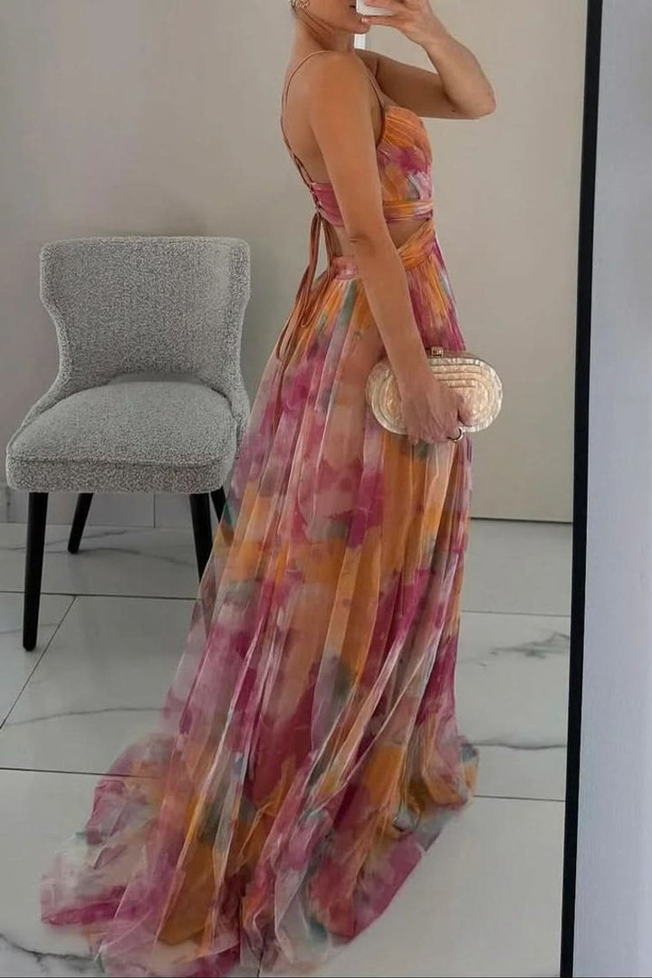 Dames Mouwloze Bloemen Maxi Cocktail Dress Spaghettibandje
