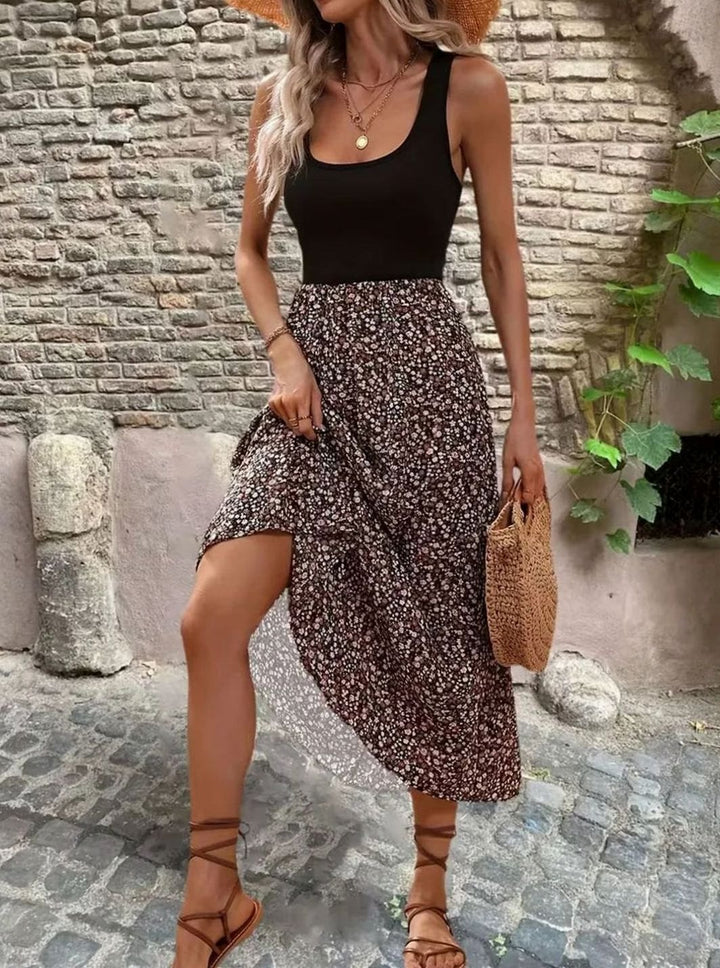 Dames Mouwloze Bloemenprint Bohemian A-lijn Maxi Jurk - Koffie