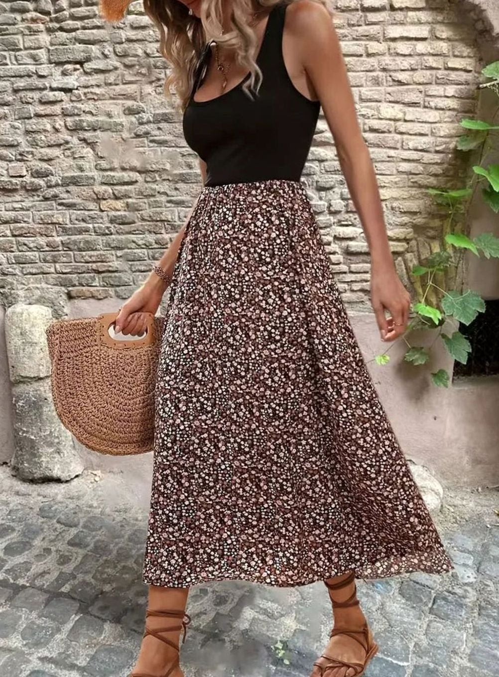 Dames Mouwloze Bloemenprint Bohemian A-lijn Maxi Jurk