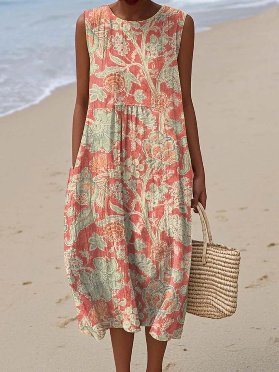 Dames Mouwloze Bloemenprint Casual Midi Dress