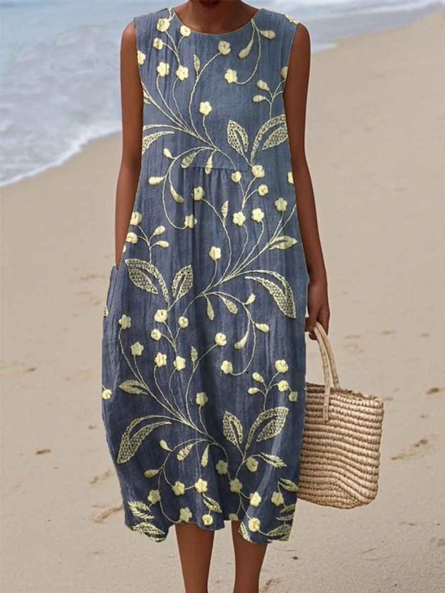 Dames Mouwloze Bloemenprint Midi Dress Luchtige Zomerjurk - Blauw