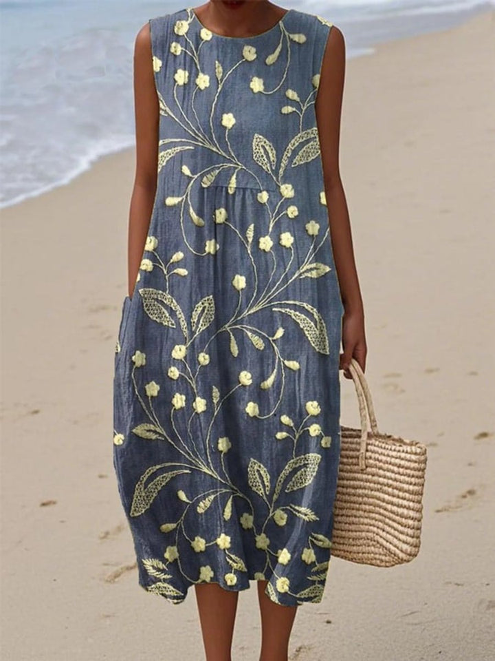 Dames Mouwloze Bloemenprint Midi Dress Luchtige Zomerjurk - Blauw