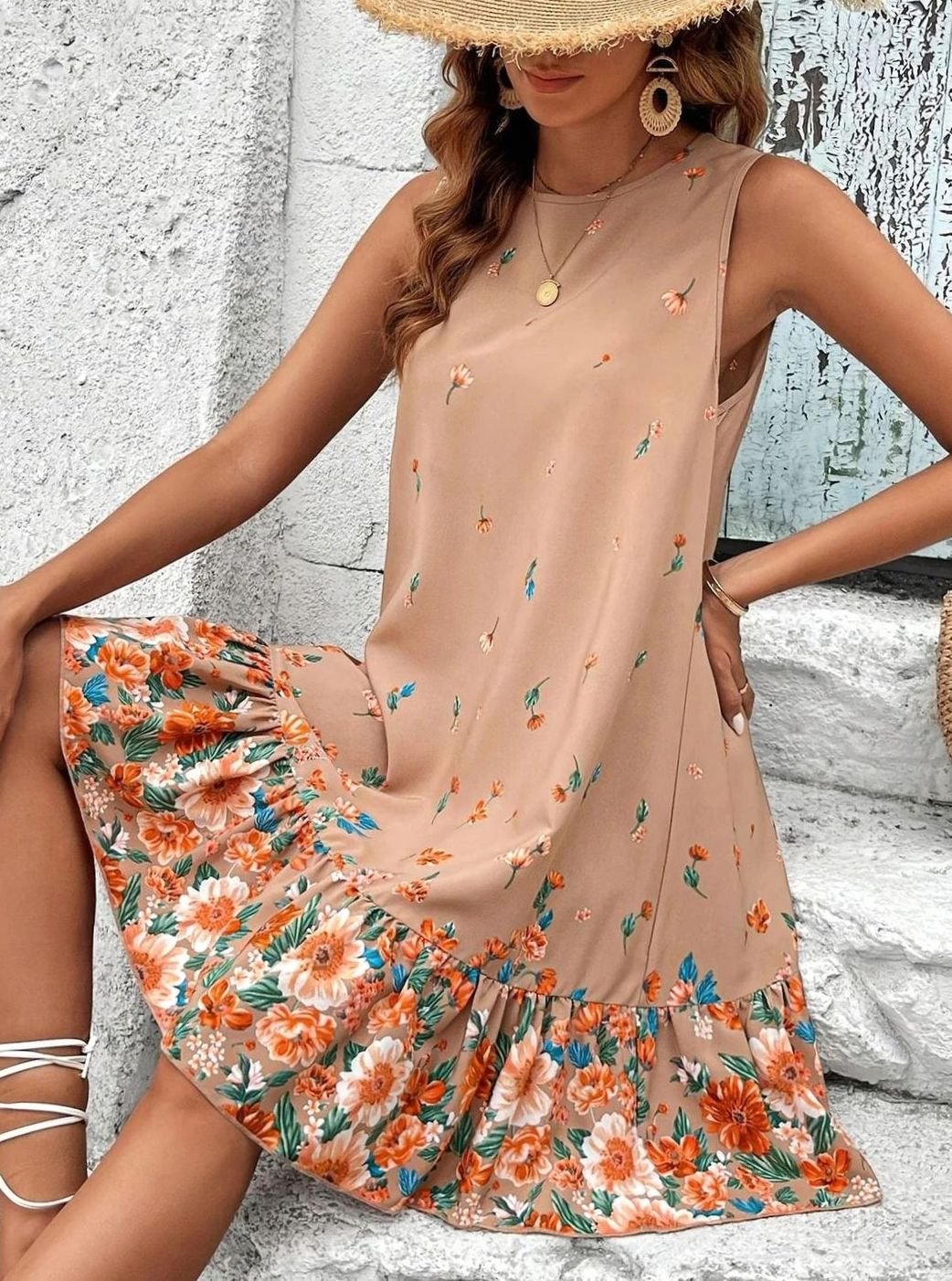 Dames Mouwloze Bloemenprint Mini Zomerjurk Ruche Zoom