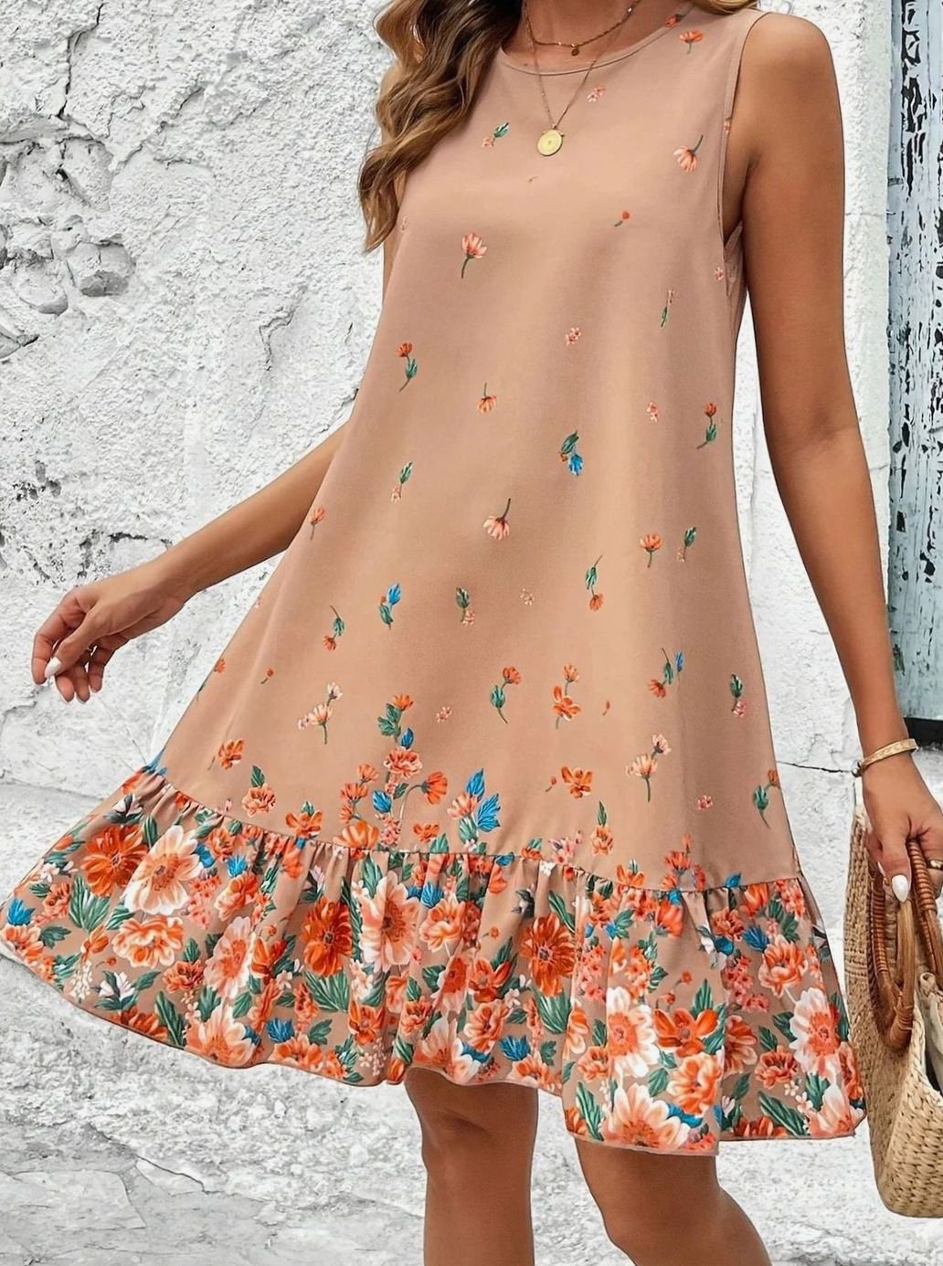 Dames Mouwloze Bloemenprint Mini Zomerjurk Ruche Zoom