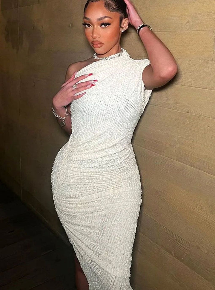 Dames Mouwloze Bodycon Midi Galajurk met Één Schouder en Split
