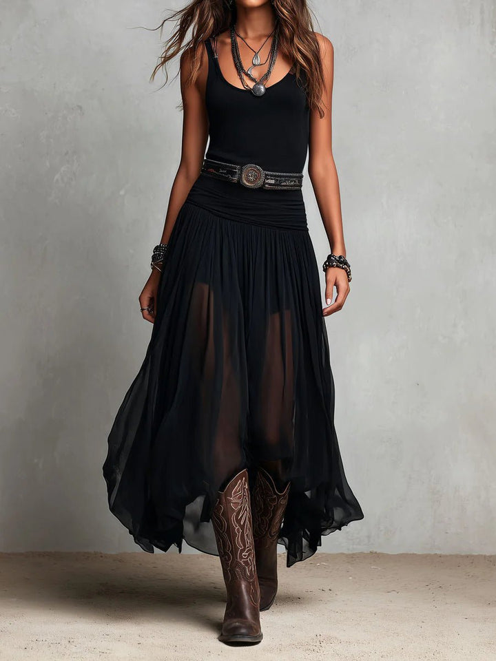 Dames Mouwloze Boho Maxi-jurk Tule Rok Westerse Riem - Black