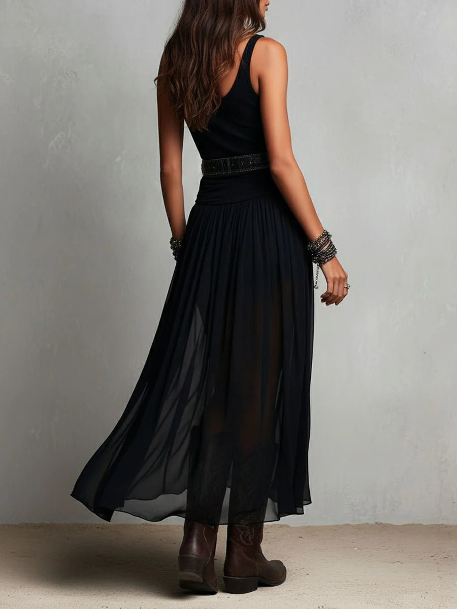 Dames Mouwloze Boho Maxi-jurk Tule Rok Westerse Riem