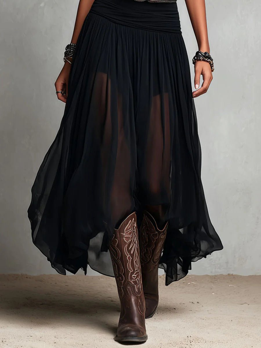 Dames Mouwloze Boho Maxi-jurk Tule Rok Westerse Riem