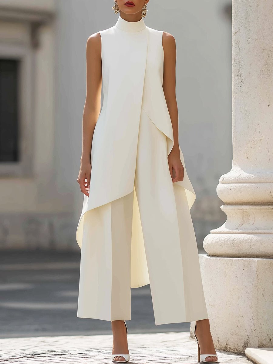 Dames Mouwloze Coltrui Asymmetrische Wide Leg Pants Set - White