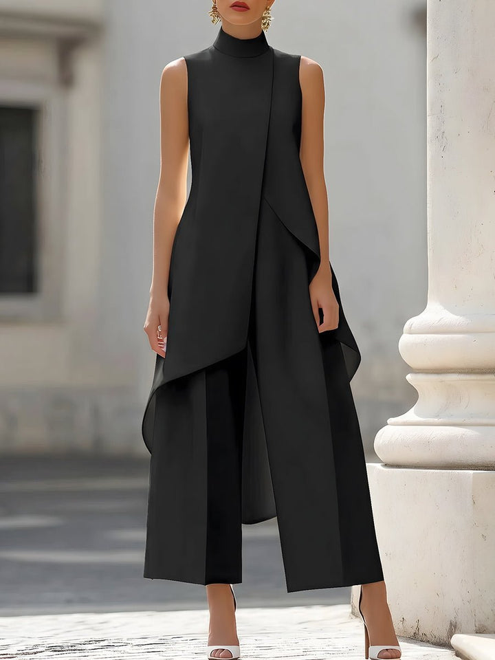 Dames Mouwloze Coltrui Asymmetrische Wide Leg Pants Set - Black