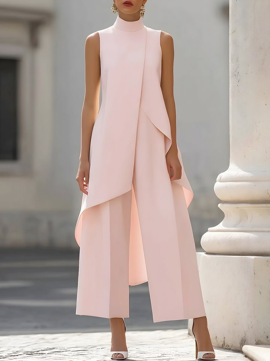 Dames Mouwloze Coltrui Asymmetrische Wide Leg Pants Set - Pink