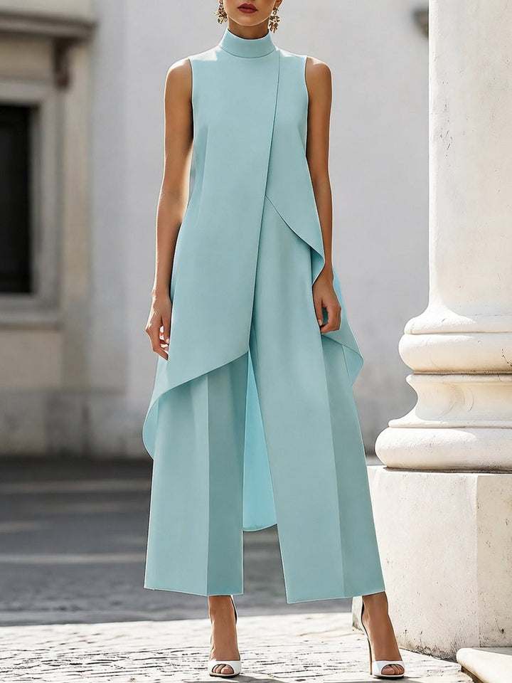 Dames Mouwloze Coltrui Asymmetrische Wide Leg Pants Set - Sky Blue