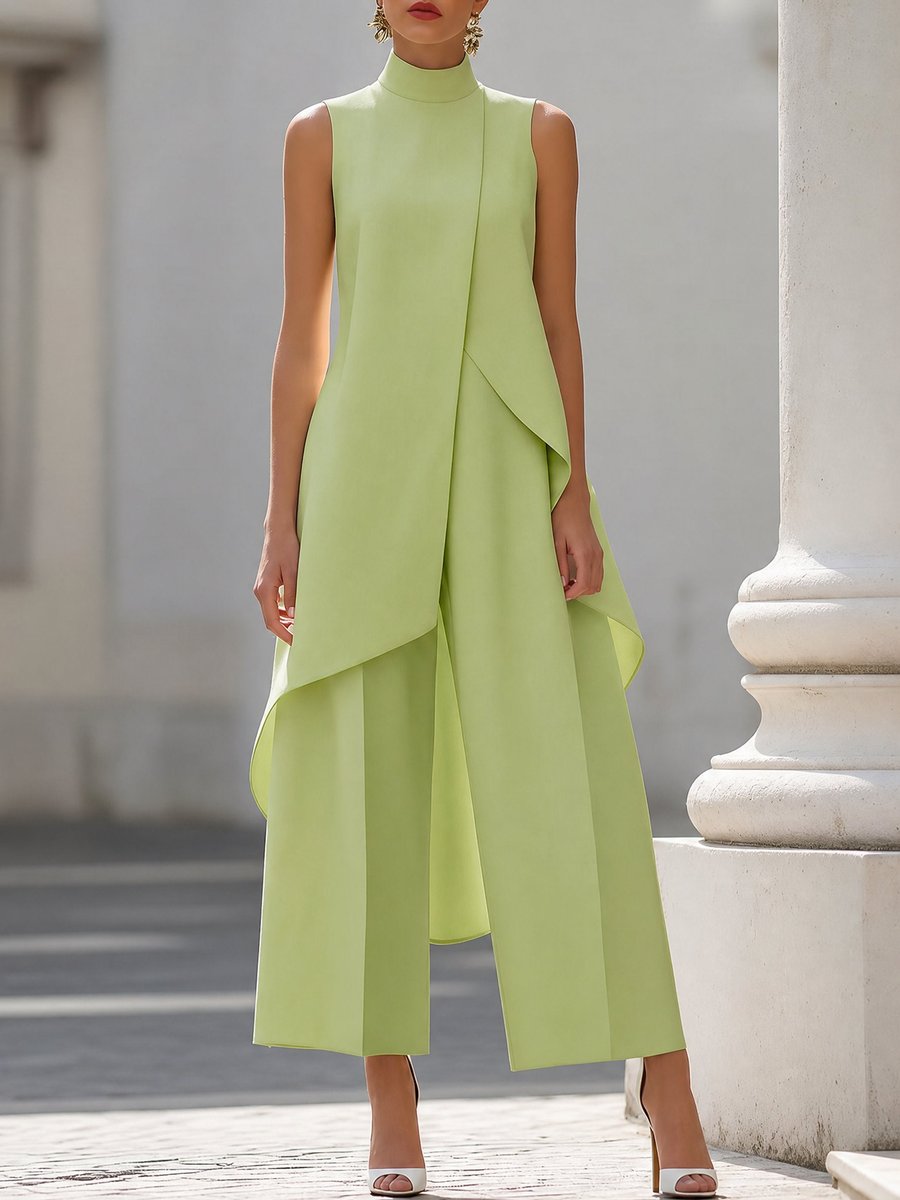 Dames Mouwloze Coltrui Asymmetrische Wide Leg Pants Set - Daiquiri Green