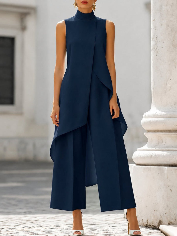 Dames Mouwloze Coltrui Asymmetrische Wide Leg Pants Set - Navy Blue