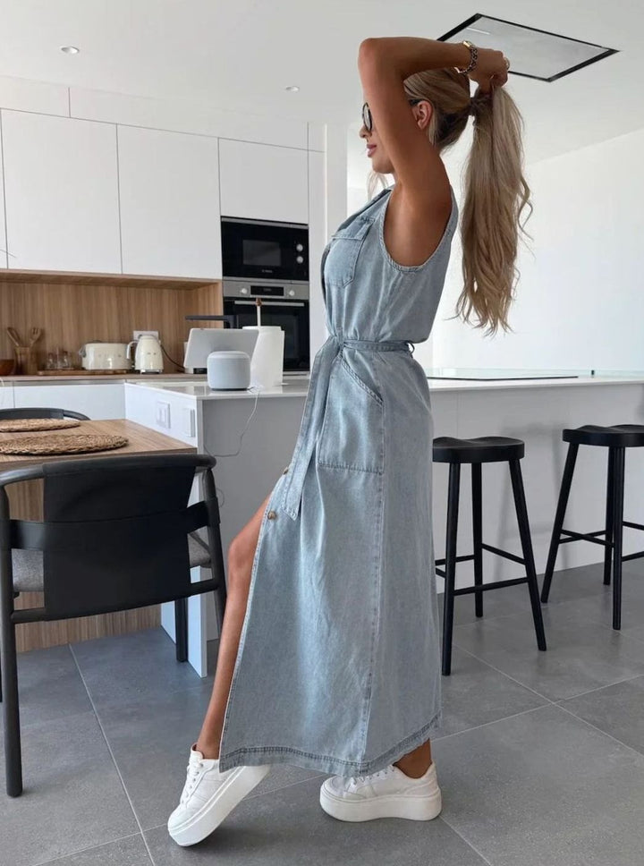 Dames Mouwloze Denim Doorknoops Maxi Jurk met Ceintuur