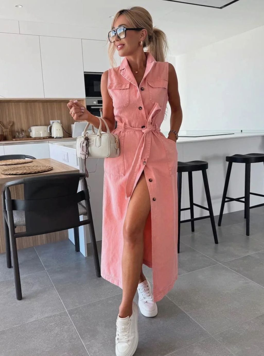 Dames Mouwloze Denim Doorknoops Maxi Jurk met Ceintuur - Roze