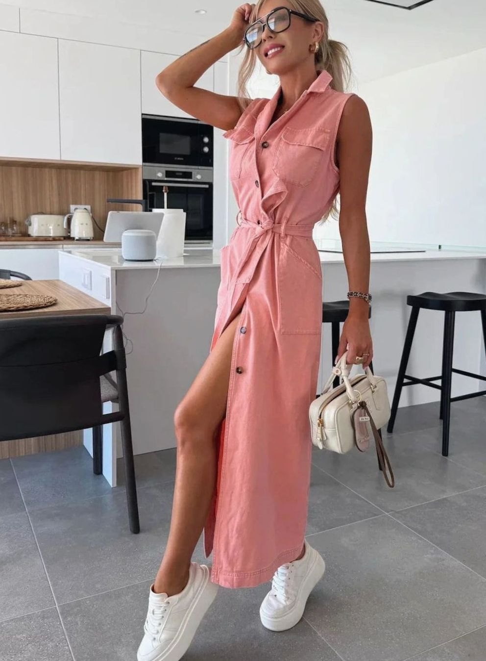 Dames Mouwloze Denim Doorknoops Maxi Jurk met Ceintuur