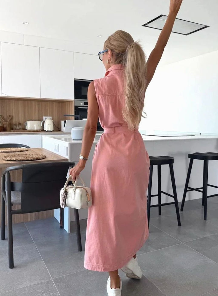 Dames Mouwloze Denim Doorknoops Maxi Jurk met Ceintuur