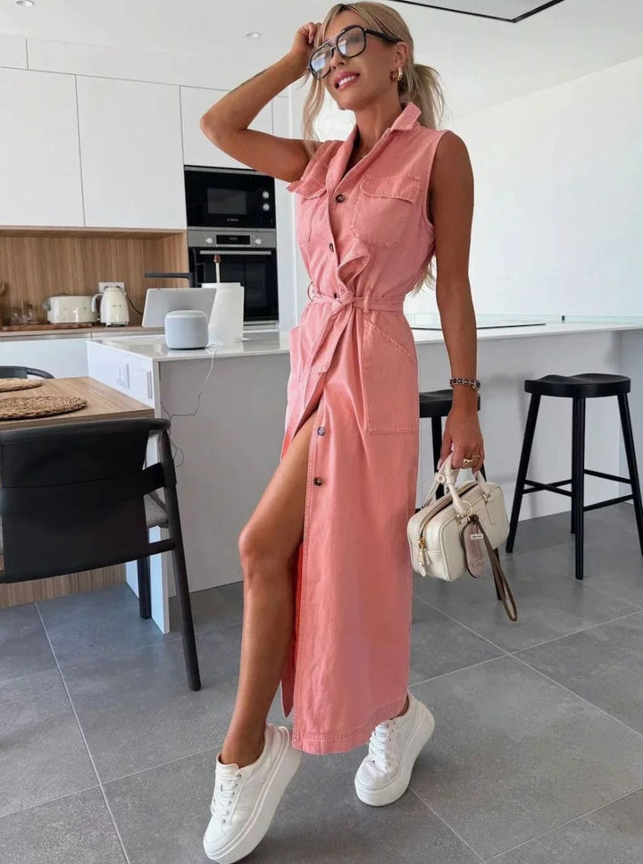 Dames Mouwloze Denim Maxi Jurk Getailleerd met Voorsplit