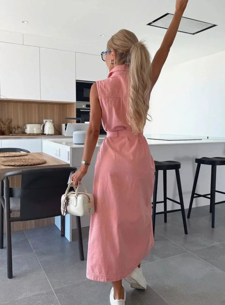 Dames Mouwloze Denim Maxi Jurk Getailleerd met Voorsplit